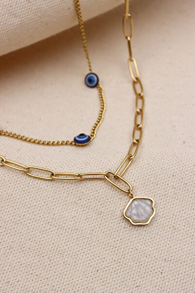 Süspüs Accessories SEDEFLİ İSTİRİDYE UÇLU 2'Lİ GOLD ÇELİK KOLYE