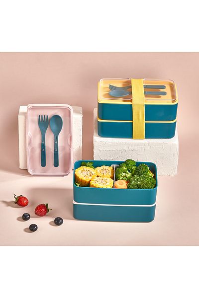 MHK Collection 2 Tier Storage Box with Adjustable Compartments and Cutlery (PINK LID)