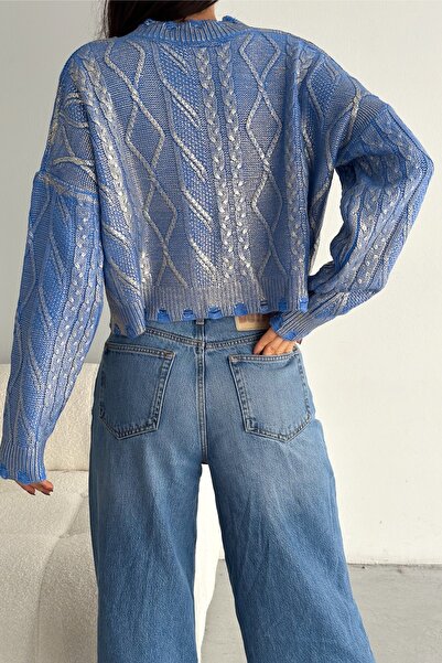 FEMELLE Pulover de tricotaj cu detalii rupte cu frunze albastre standard