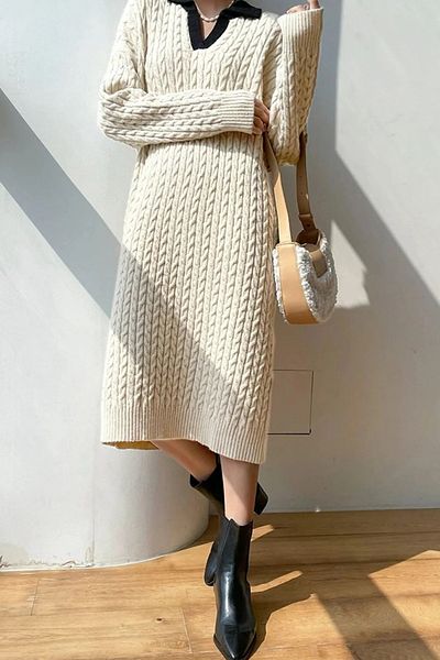modabirsen Contrast Collar Knitted Midi Length Knitwear Dress