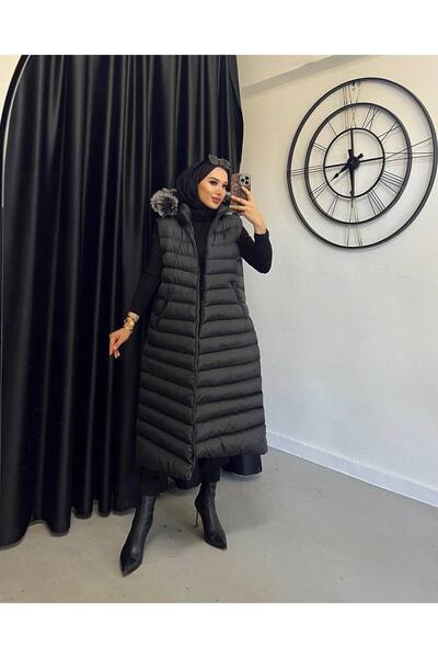 ECALAMODE Women's Removable Hooded Waterproof Large Size Puffer Black Vest