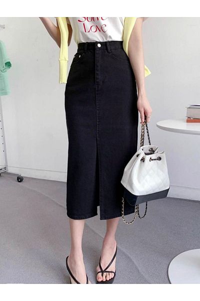 LAMİRAMOOD Fusta din denim NEGRĂ Fusta din denim elastică, cu fantă, mărime întreagă