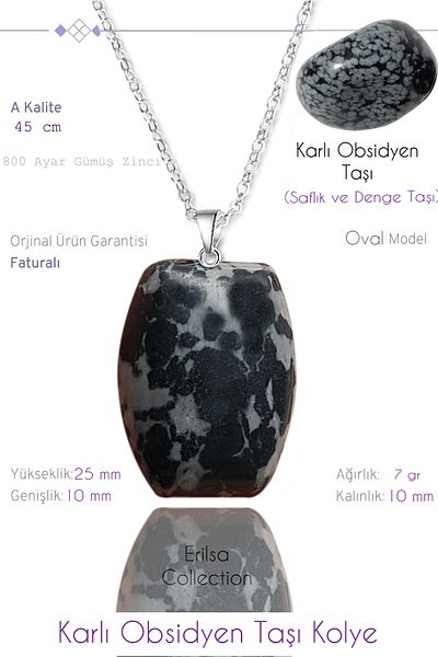 Tesbih Atölyesi Certified Oval Model Snowy Obsidian Stone Necklace