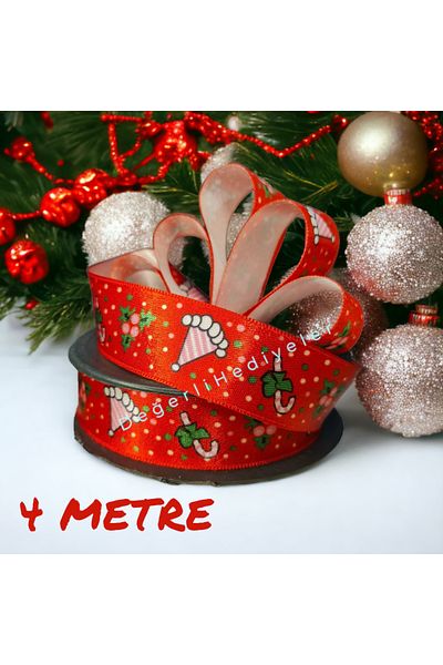 AGH Değerli Hediyeler 4 METERS Satin Pattern Printed New Year Ribbon Box Decoration Ribbon Tree Decoration Ribbon 2.5cm