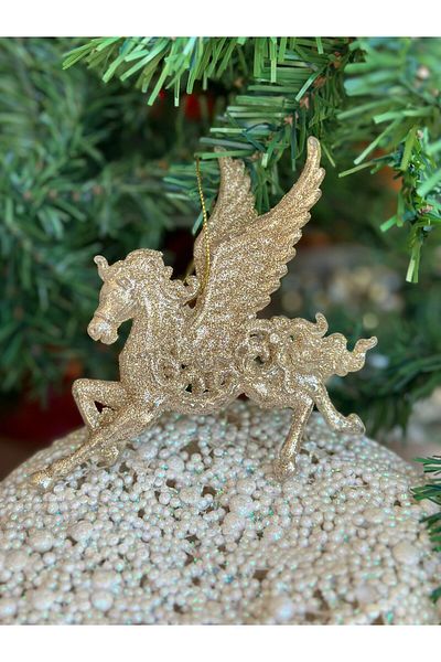 QUEEN AKSESUAR Imported Christmas Glitter Collectible Winged Horse Horned Unicorn Pine Tree Decoration Ornament Gold Gold