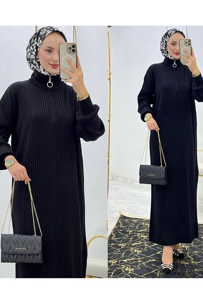 asyadabutik Turtleneck Zipper Long Ribbed Knitwear Dress
