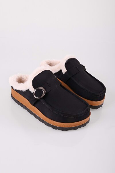 Shoeberry Γυναικείες Softie Black Suede Furry Flat Παντόφλες