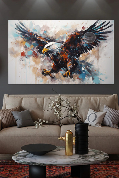 HDART YAĞLI BOYA GÖRÜNÜMLÜ DEV BOYUT KANATLANMIŞ KARA KARTAL HD KALİTE KANVAS...