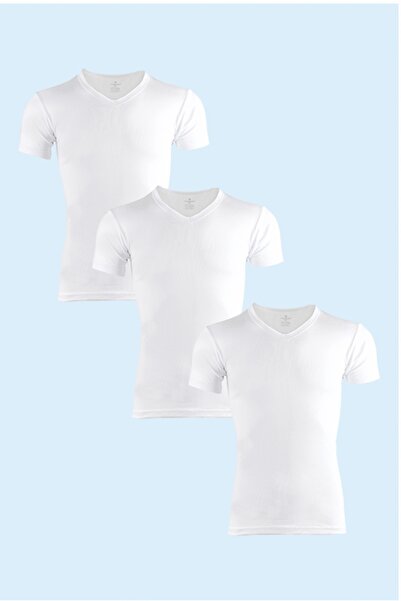 Ceylanoğlu Men's 3 Pack 100% COTTON V-Neck Ribbed Half Sleeve Undershirt