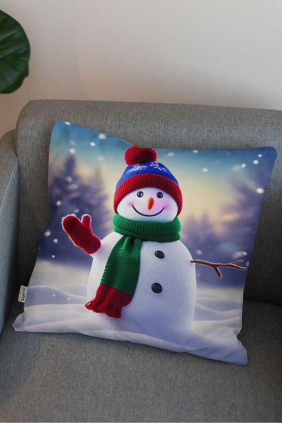 Hayal Dekoratif Christmas Themed Snowman Patterned White Blue Digital Printed Decorative Pillow and Cushion Cover