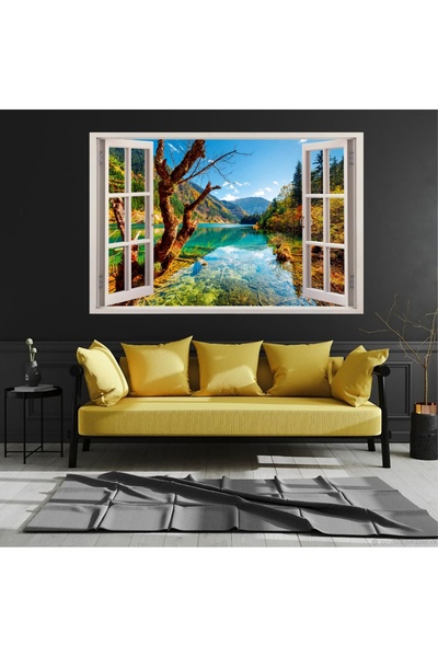 HDART Soyut Modern Dekoratif Açılır Pencere Görünümlü Göl Ağaç Dağ Manzaralı ...