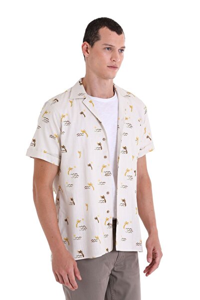 Hatemoğlu Коричнева сорочка з коротким рукавом, з принтом, коміром-стійкою, 100% бавовна, зручний крій