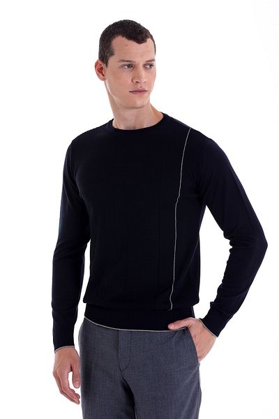 Hatemoğlu Navy Blue Regular Fit Jacquard Crew Neck Wool Knitwear Sweater
