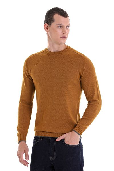Hatemoğlu Mustard Regular Fit Plain Crew Neck Wool Knitwear Sweater