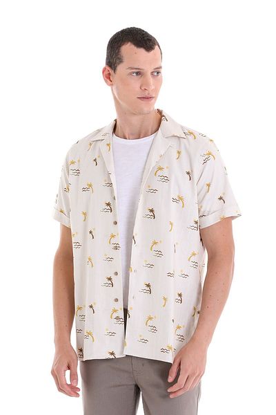 Hatemoğlu Καφέ Comfort Fit με στάμπα γιακά 100% βαμβακερό κοντομάνικο casual πουκάμισο