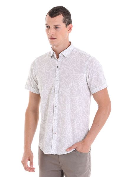 Hatemoğlu Gray Comfort Fit Printed Buttoned Collar 100% Cotton Short Sleeve Casual Shirt