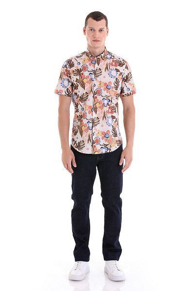Hatemoğlu Καφέ Comfort Fit με εμπριμέ γιακά με κουμπιά 100% βαμβακερό κοντομάνικο casual πουκάμισο