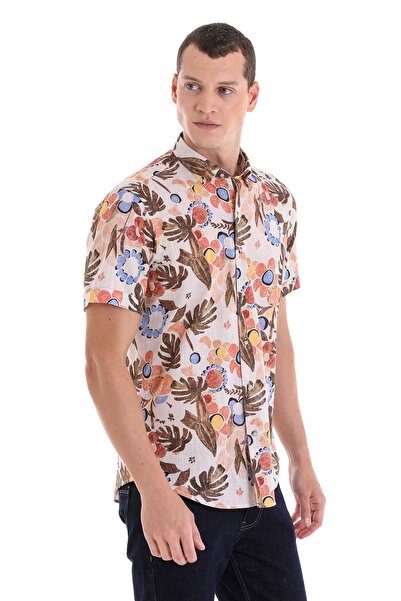 Hatemoğlu Коричнева сорочка Comfort Fit з принтом і ґудзиками на комірі, 100% бавовна, короткі рукави, повсякденна сорочка