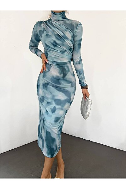 Fav Style فستان نسائي طويل منقوش من الباتيك بأكمام طويلة وياقة عالية وياقة عا...