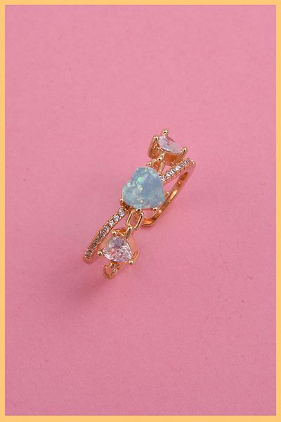 AURRARİ Women's 18k Gold Plated Zircon Heart & Turquoise Mother-of-Pearl Heart Stone Adjustable Steel Ring (exclusive)