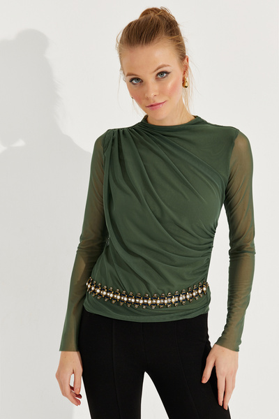 Cool & Sexy Women's Khaki Gathered Draped Tulle Blouse LPP1244