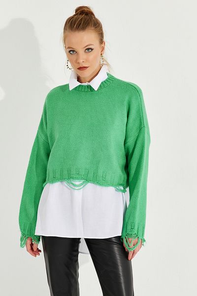 Cool & Sexy Pulover KZ2800 de tricotaje cu detalii rupte, verde