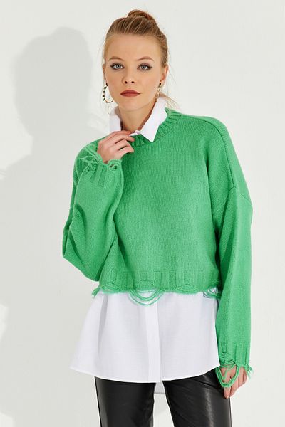 Cool & Sexy Pulover KZ2800 de tricotaje cu detalii rupte, verde