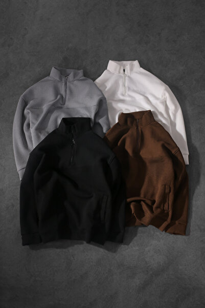 Slatra Men's White Ribbed Half Zipper Pocket Detail Oversize Sweatshirt