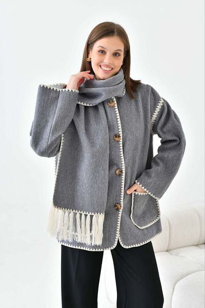 ELİSA Embroidery Detailed Scarf Soft Stamp Coat Scarf Embroidered Double Pocket Stamp Jacket