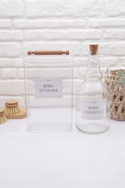 zezedesing Decorative Transparent Baby Detergent Jar with Wooden Handles 2100ML-Baby Softener Bottle 1000ML