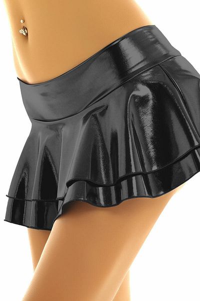Moda Mistik Fusta super mini fantezică cu volan în 2 straturi Fusta sexy cu aspect de piele artificială