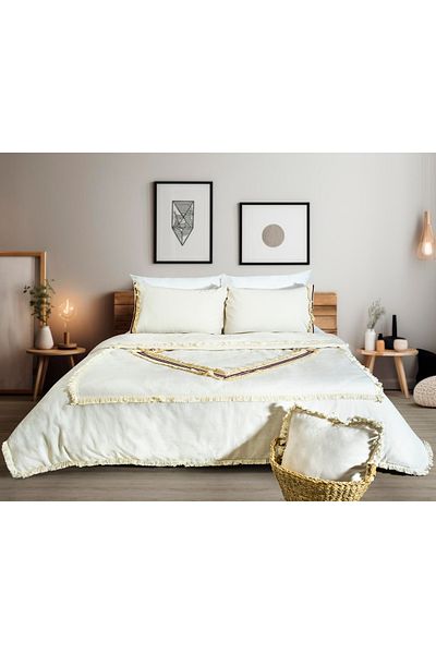 NDC HOME Set de husă de pilota dublă, colorată, cu ciucuri, din bumbac alb