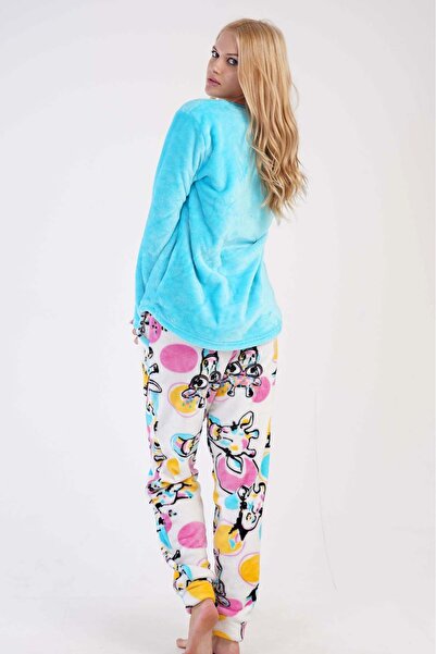 VİENETTA Жіночий синій комплект піжами Welsoft з круглим коміром, довгими рукавами, кишенями та манжетами з візерунком