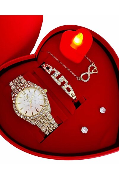 Has Gold Watch Bracelet Necklace and Earring Heart Set Box with Gift