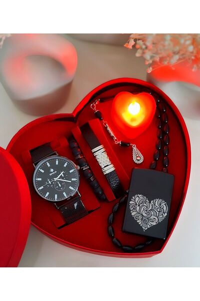 Has Siyah Saat Bileklik Çakmak ve Tesbih Hediyeli Kalp Set Kutu