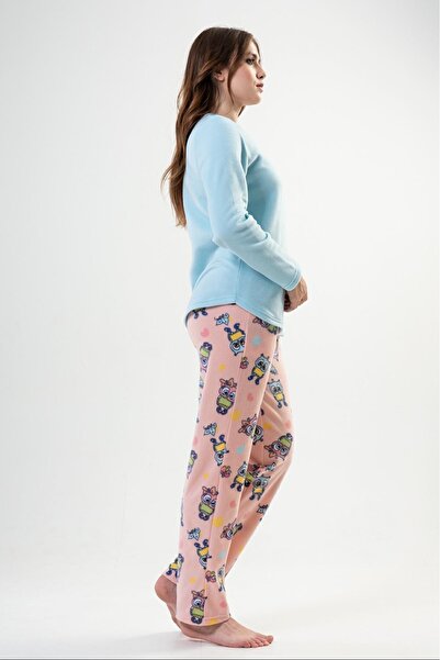 VİENETTA Жіночий піжамний комплект з довгими рукавами, круглим коміром та синім візерунком