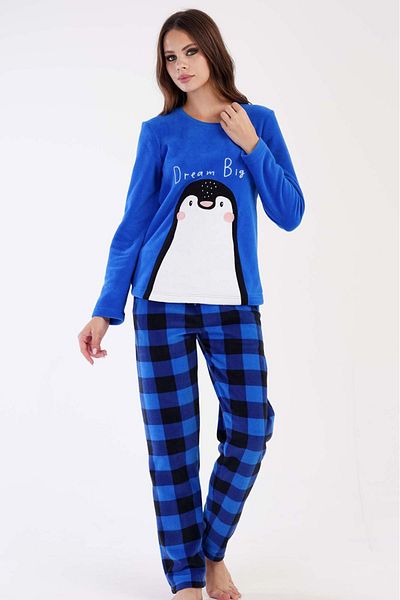 VİENETTA Women's Polar Saks Blue Penguin Patterned Round Neck Long Sleeve Pajama Set