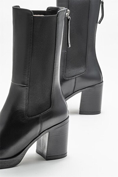 Elle Shoes Siyah Deri Kadın Topuklu Bot