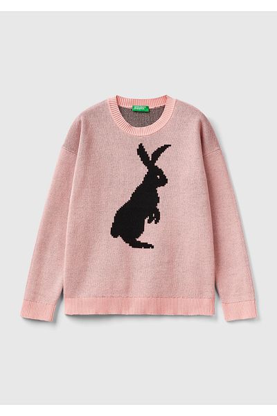United Colors of Benetton Pulover cu model iepure roz pentru băiat