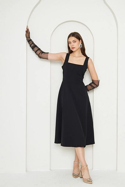 WOMAN VISION Rochie midi evazată neagră pentru femei Atlas, cu guler pătrat, 151