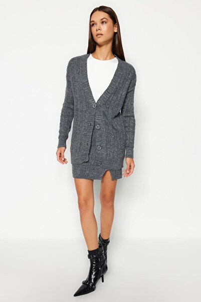 Trendyol Collection Anthracite Glittered Skirt-Cardigan Knitwear Top and Bottom Set TWOAW24AU00090