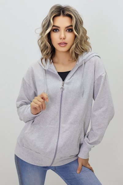 zürafa beneği Gray Color Hooded Zippered Women's Sweatshirt
