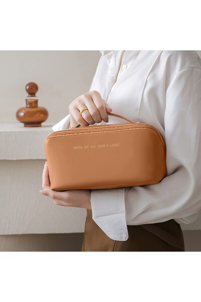 Jewval Makeup Bag Personal Care Products Organizer Pu Leather Beauty Travel Handbag Brown