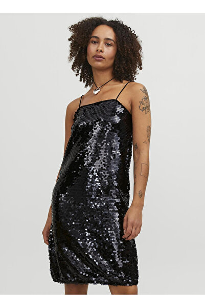 JJXX Klasik Yaka Payetli Siyah Standart Kadın Elbise JXAVA SEQUIN STRAP SHORT...