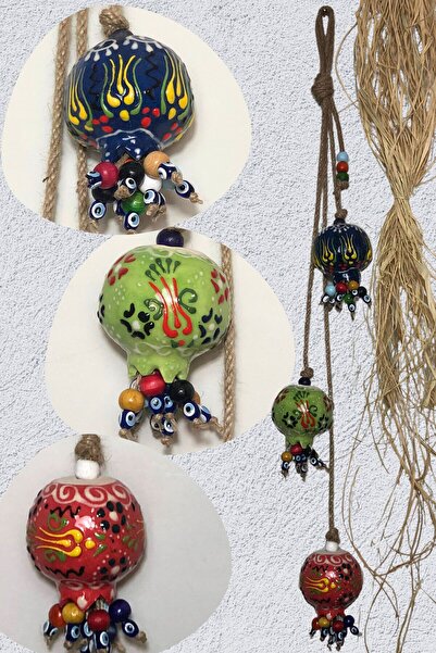 Art inside Çini Desenli Seramik 3'lü Nar Figürü Nazar Boncukları İle Süslenmi...