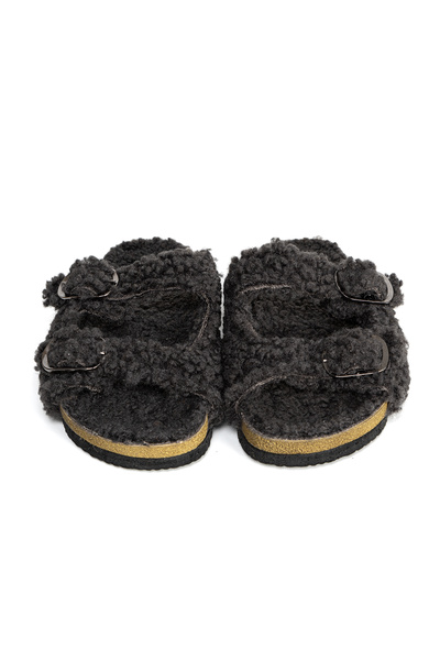 TERLİKSABO Mantar Gri Teddy Çift Bant Terlik