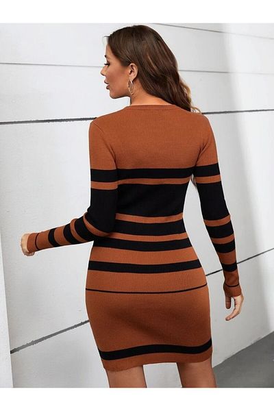Kokosh moda Rochie midi de damă, cu mânecă lungă, cu decolteu în dungi