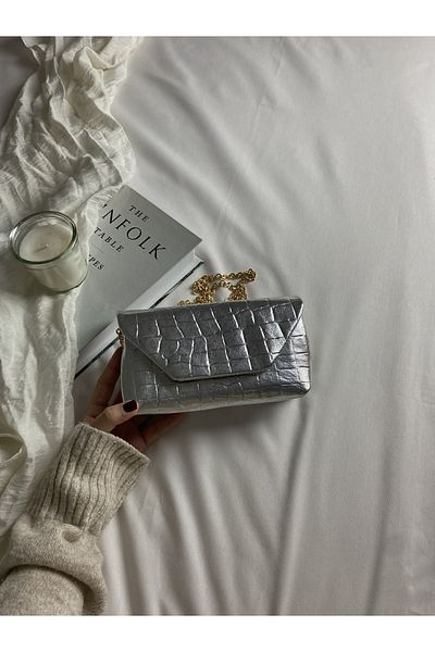 ELFCO Geantă de damă, argintiu, cu model croco, mini