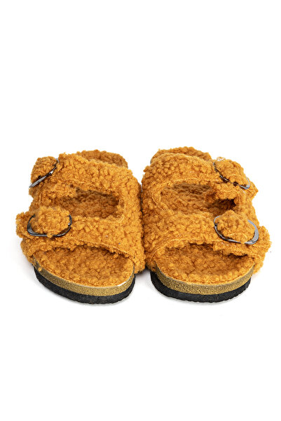 TERLİKSABO Hardal Teddy Çift Bant Mantar Terlik