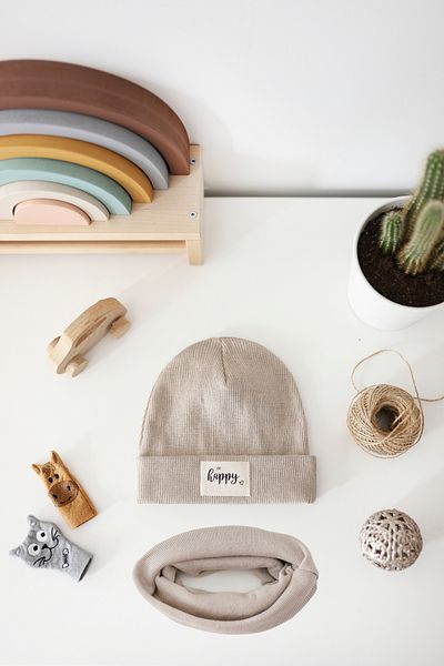 Doğan Collection Beige Rib Labeled Beanie Neck Collar Set